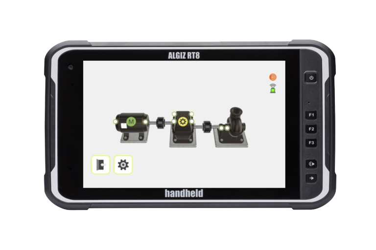 ACOEM Machine Defender: tableta rugerizada mostrando el diagnóstico de un tren de máquinas motor-reductor-bomba con sus puntos de medición
